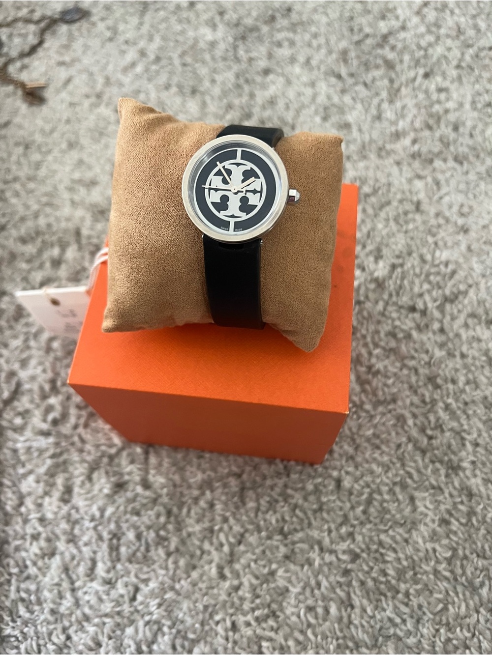 Tory Burch Black and Silver Logo Round Leather Strap Watch